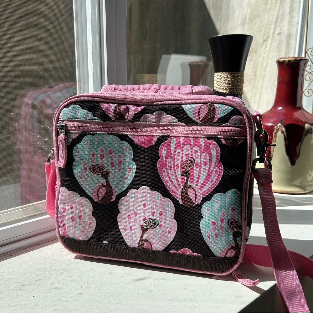 Pottery Barn Kids Mackenzie Retro Lunch Bag Pink Brown Peacock